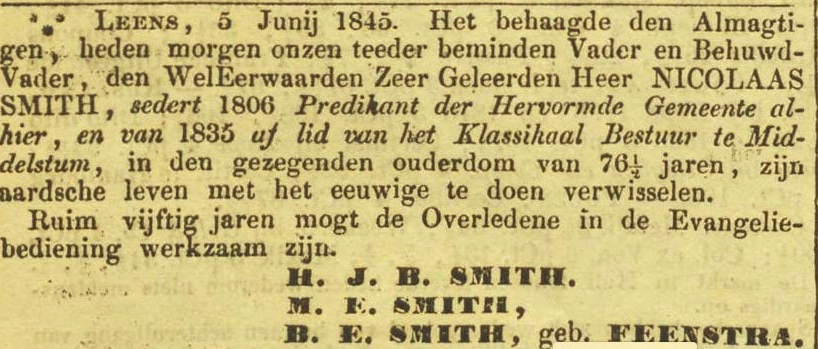 5 junij 1845 Nicolaas Smith Leens Zuurdiek