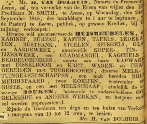 domineer Nicolaas smith 24 september 1845 veiling inboedel pastorie Leens zuurdijk