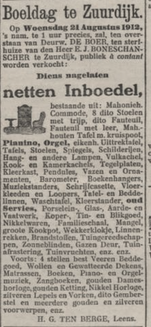 13 augustus 1912 inboedel veiling zuurdijk boneschanscher