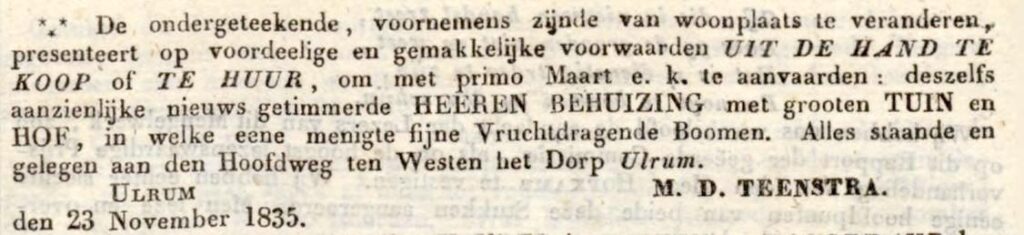 1835 Ulrum Teenstra Eijerland woning verhuur Texel 